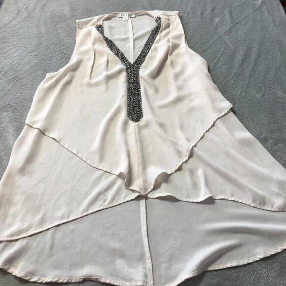 Spense Cream Sleeveless Blouse With Beaded Deep V Neckline Size Medium - Picture 3 of 11